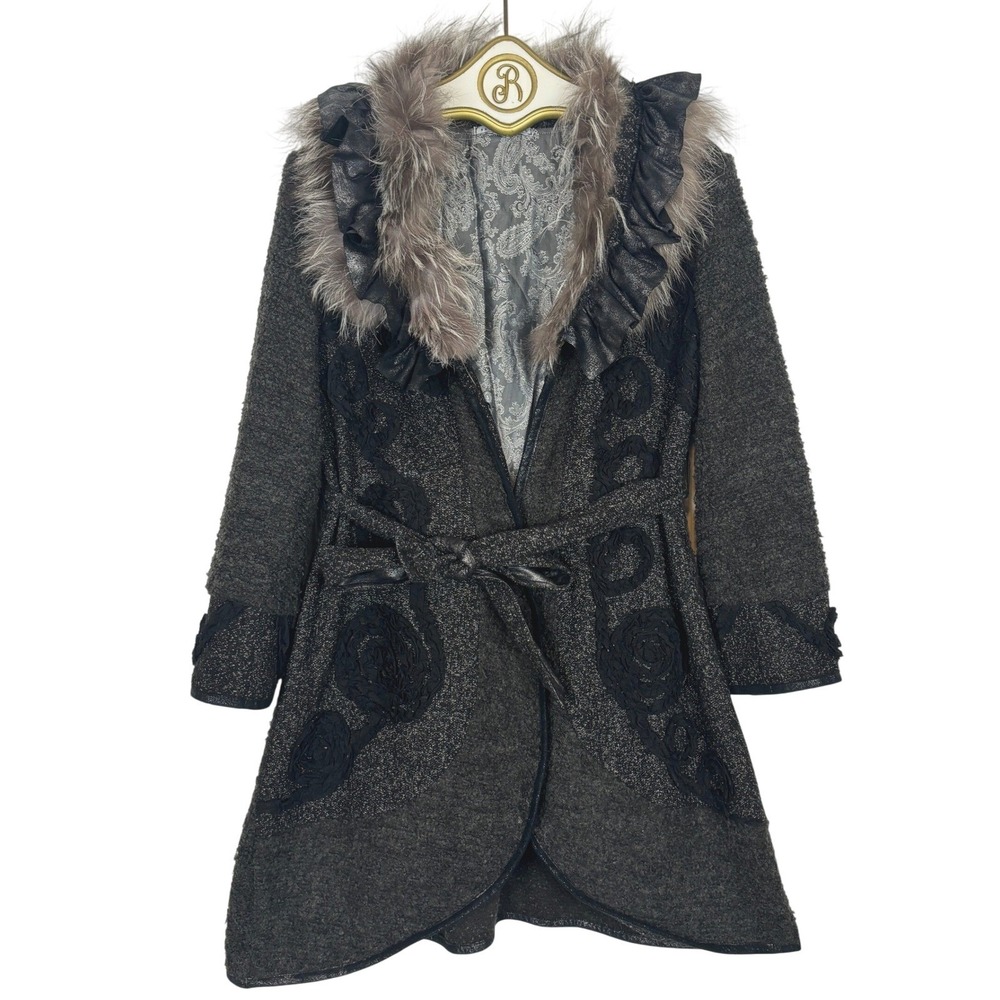 Boho Goth Faux Fur Collar Coat Belted Ruffle Art Jacket M Romantic Whimsigoth
